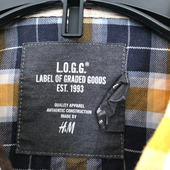 H&M T shirt men’s Size L Yellow/Blue/White Log Sleeves Collared Neck Button Down - Picture 5 of 5